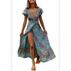 R. Vioimos Bohemian Floral Blue Maxi Wrap Short Sleeve Dress Size 2XL